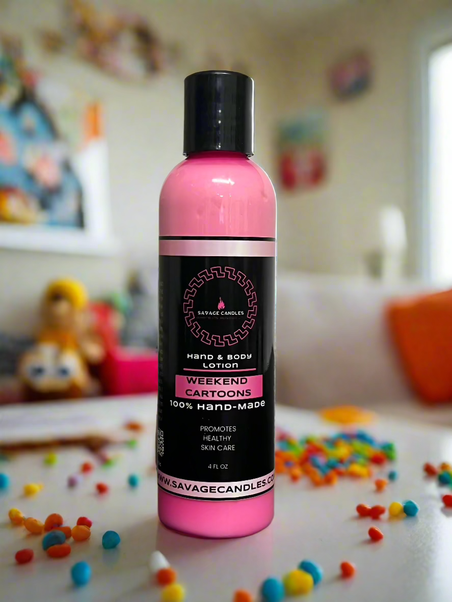 Savage Candles Premium Hand & Body Lotion bottle Weekend Cartoons 4oz