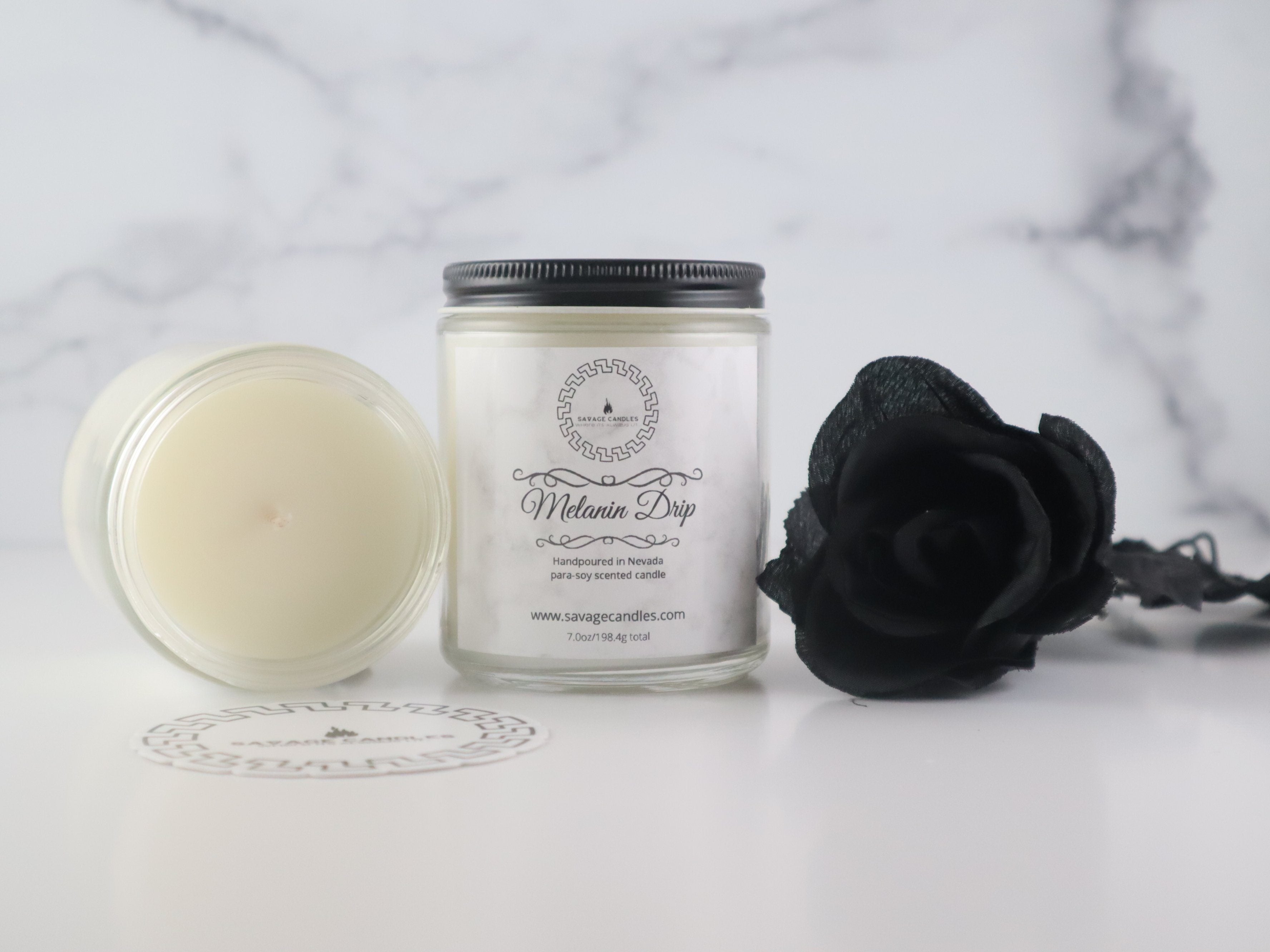 Melanin Drip Savage Candle, scent is cocoa butter cashmere , handmade candle, handcrafted, black owned candle company, in glass jar, soy blend wax.